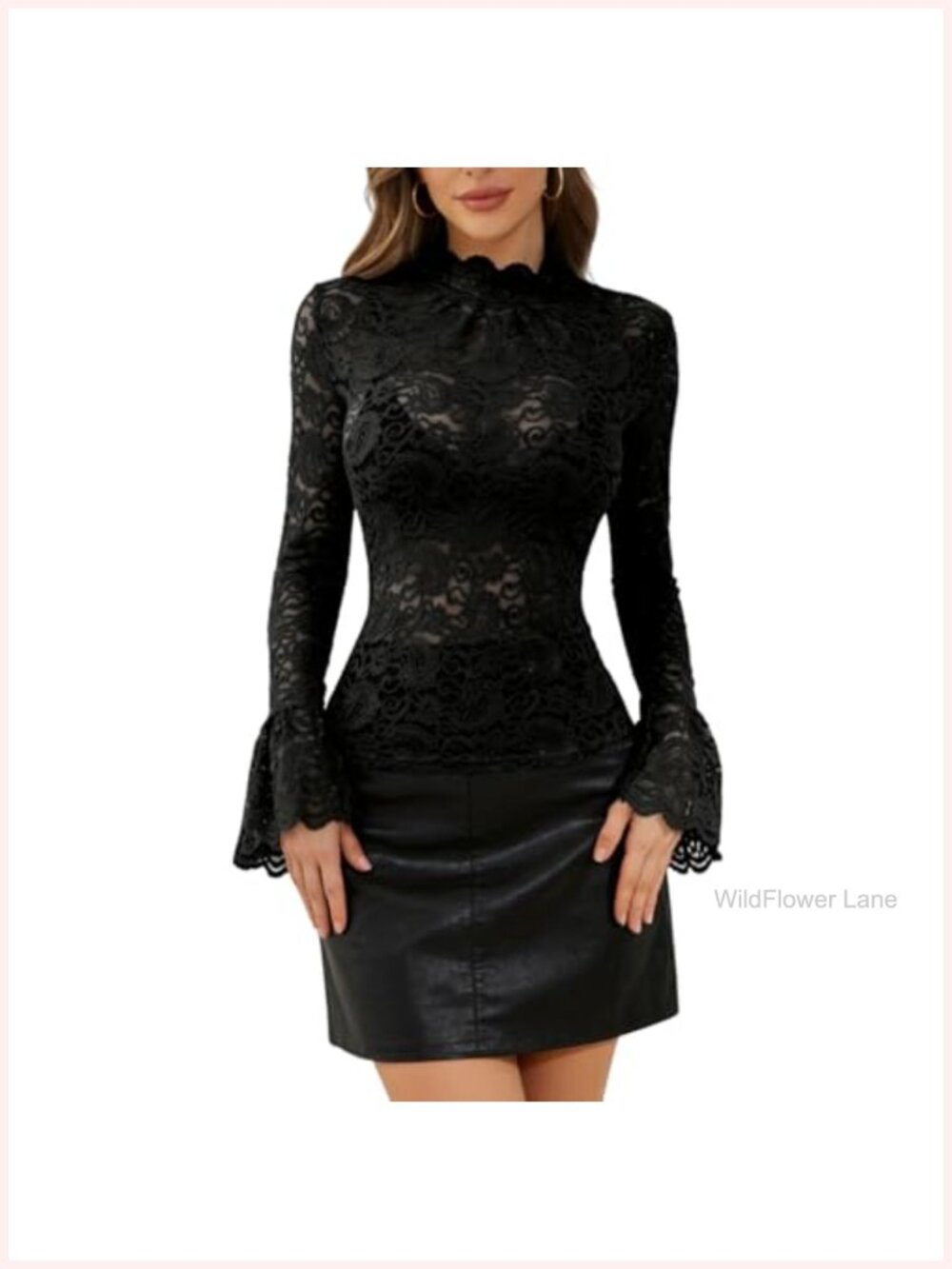Women's Lace Mock Neck Long Sleeve Sheer Mesh Blouse - Bell Sleeve Top